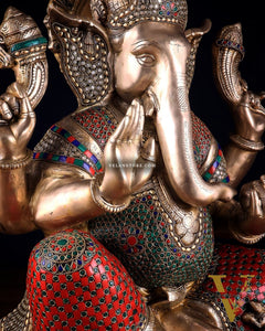 Pure Brass Lord Ganesha Statue - 20 Inch with stonework