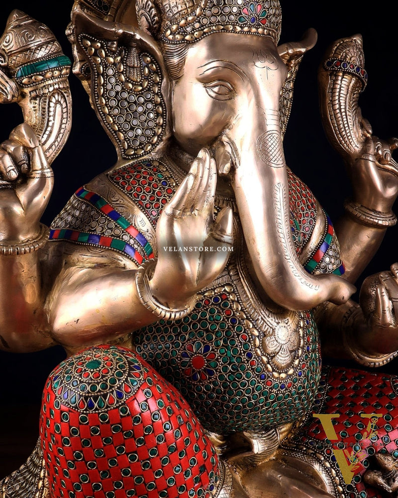 Pure Brass Lord Ganesha Statue - 20 Inch with stonework