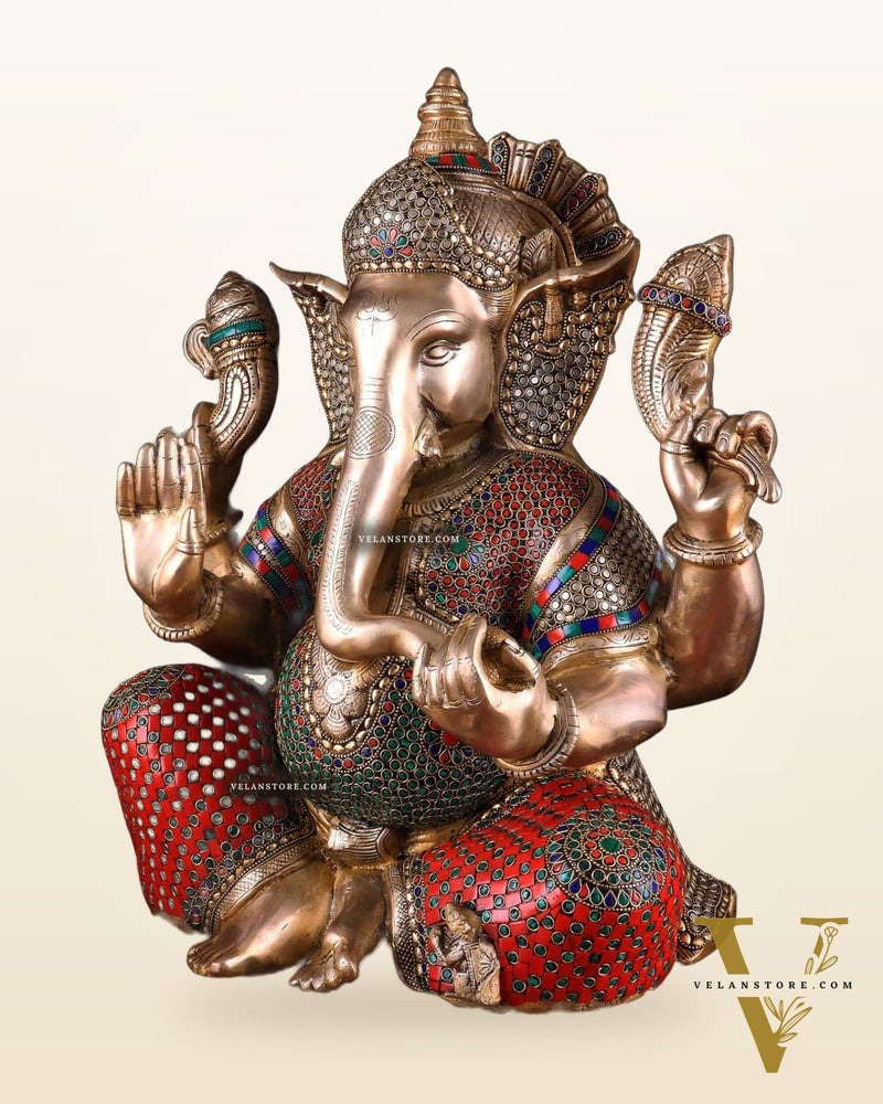 Pure Brass Lord Ganesha Statue - 20 Inch with stonework