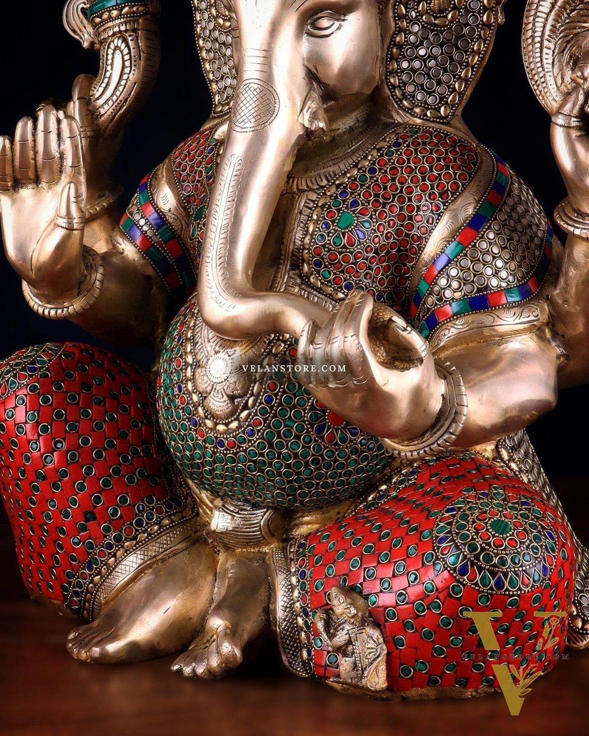 Pure Brass Lord Ganesha Statue - 20 Inch with stonework