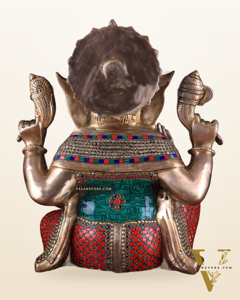 Pure Brass Lord Ganesha Statue - 20 Inch with stonework