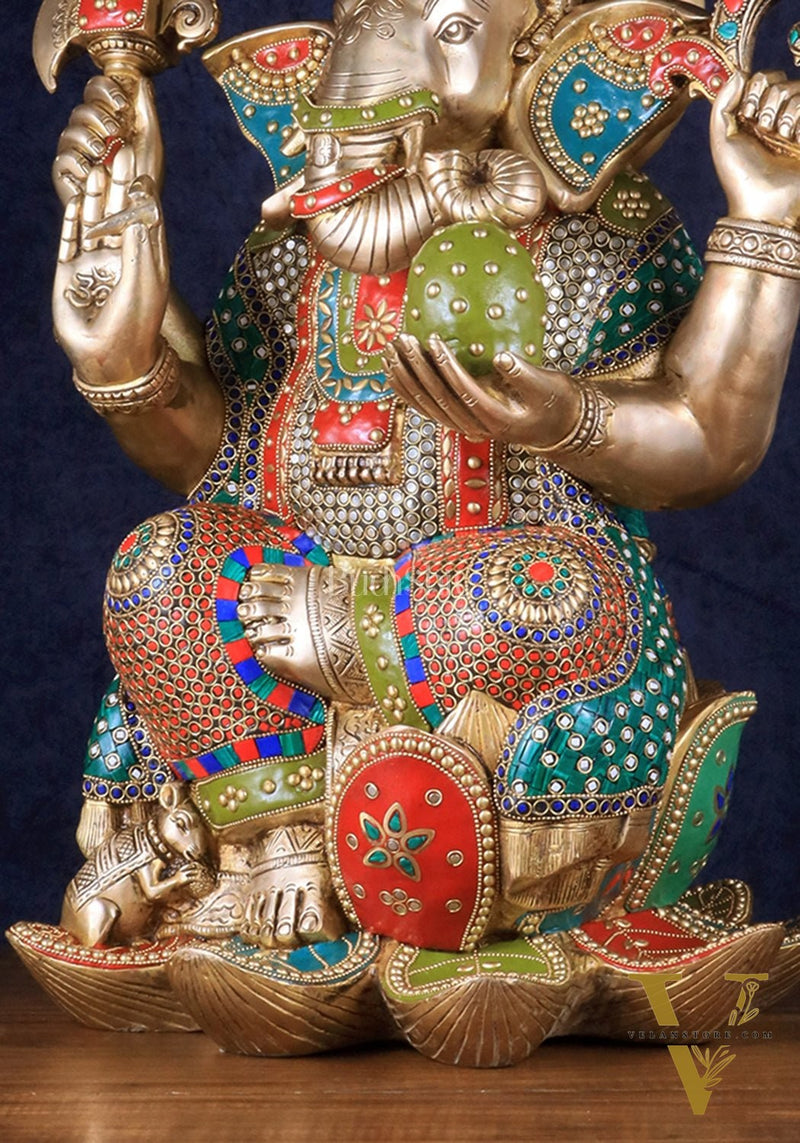 Pure Brass Lord Ganesha Statue - Kamalasana, 22" Height