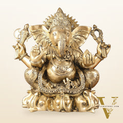Pure Brass Lord Ganesha Statue Seated on Elephant Aasan - 18"
