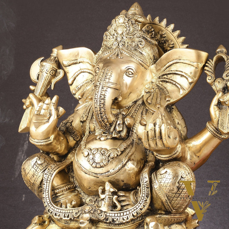 Pure Brass Lord Ganesha Statue Seated on Elephant Aasan - 18"