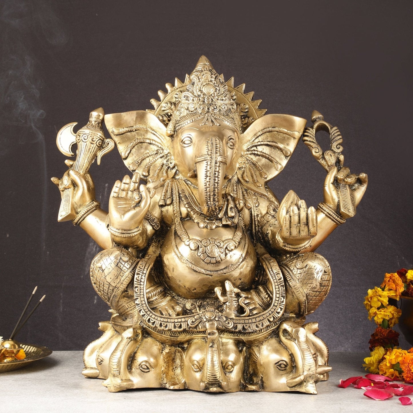 Pure Brass Lord Ganesha Statue Seated on Elephant Aasan - 18"