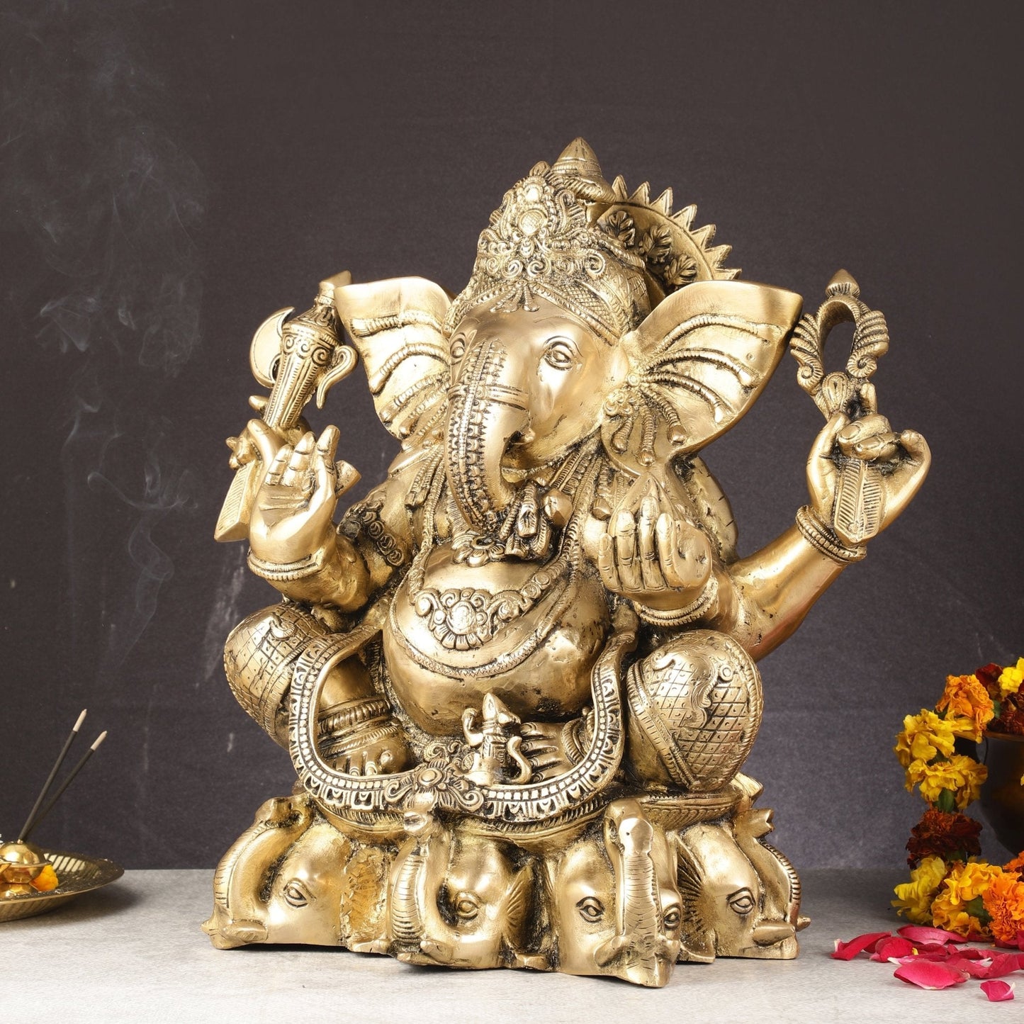 Pure Brass Lord Ganesha Statue Seated on Elephant Aasan - 18"