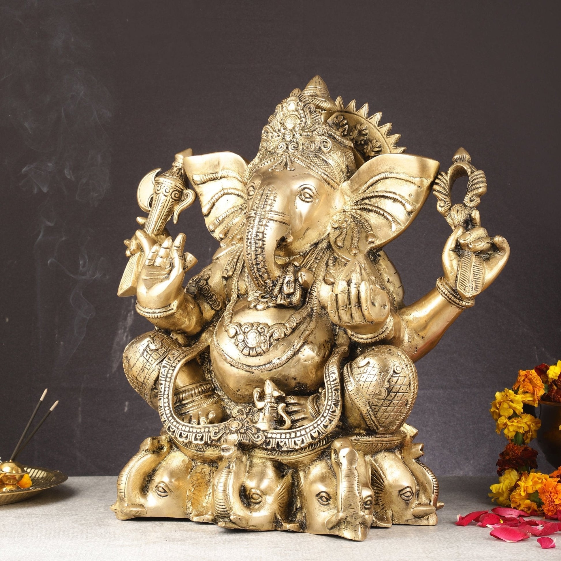 Pure Brass Lord Ganesha Statue Seated on Elephant Aasan - 18"