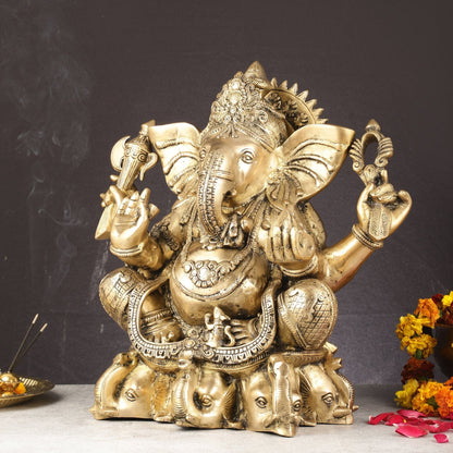 Pure Brass Lord Ganesha Statue Seated on Elephant Aasan - 18"