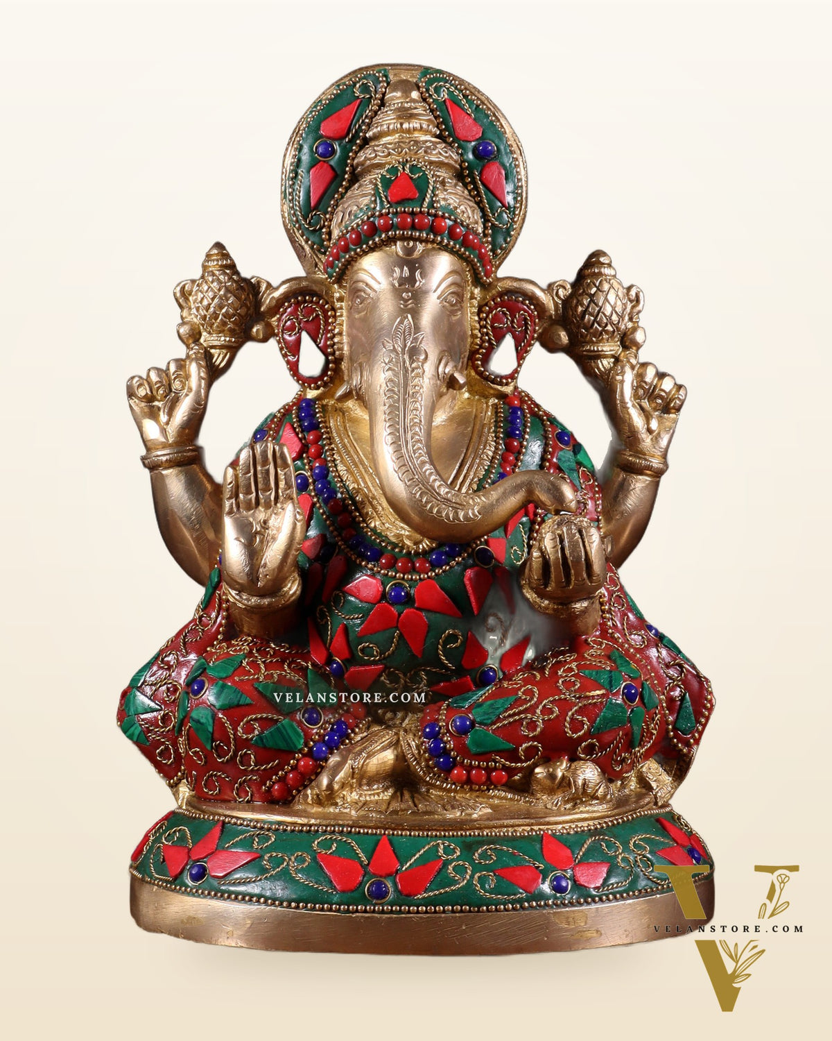 Pure Brass Lord Ganesha Statue – Unique Floral Stonework (8 Inch)