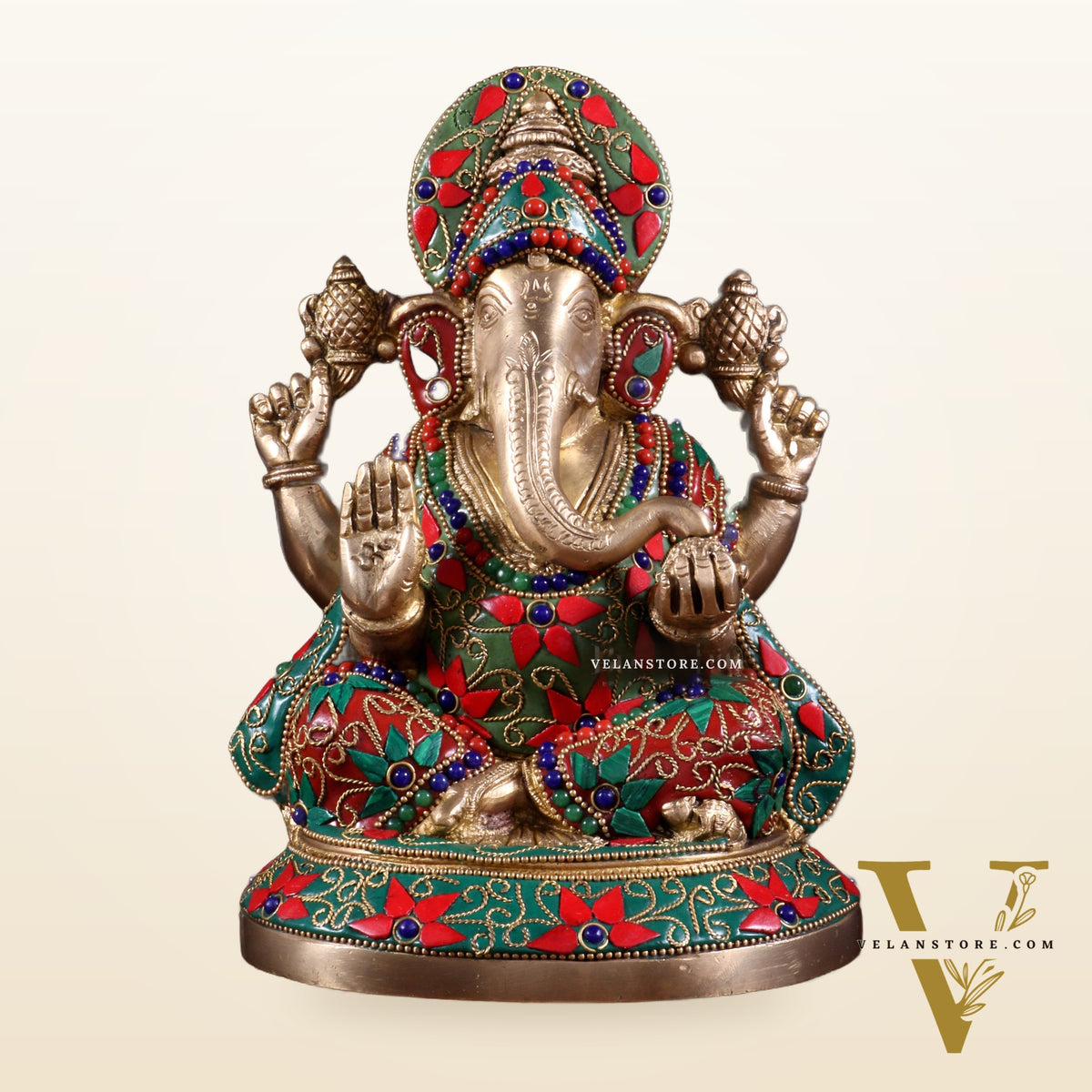 Pure Brass Lord Ganesha Statue – Unique Floral Stonework (8 Inch)