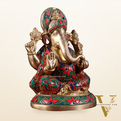 Pure Brass Lord Ganesha Statue – Unique Floral Stonework (8 Inch)