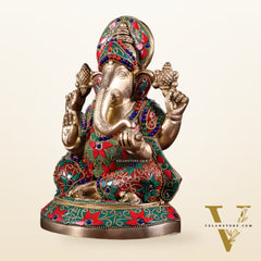 Pure Brass Lord Ganesha Statue – Unique Floral Stonework (8 Inch)