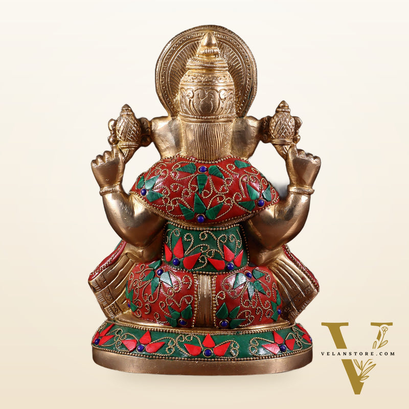 Pure Brass Lord Ganesha Statue – Unique Floral Stonework (8 Inch)