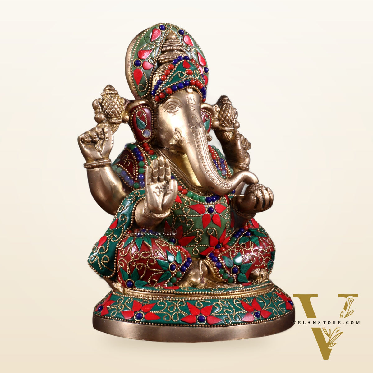 Pure Brass Lord Ganesha Statue – Unique Floral Stonework (8 Inch)
