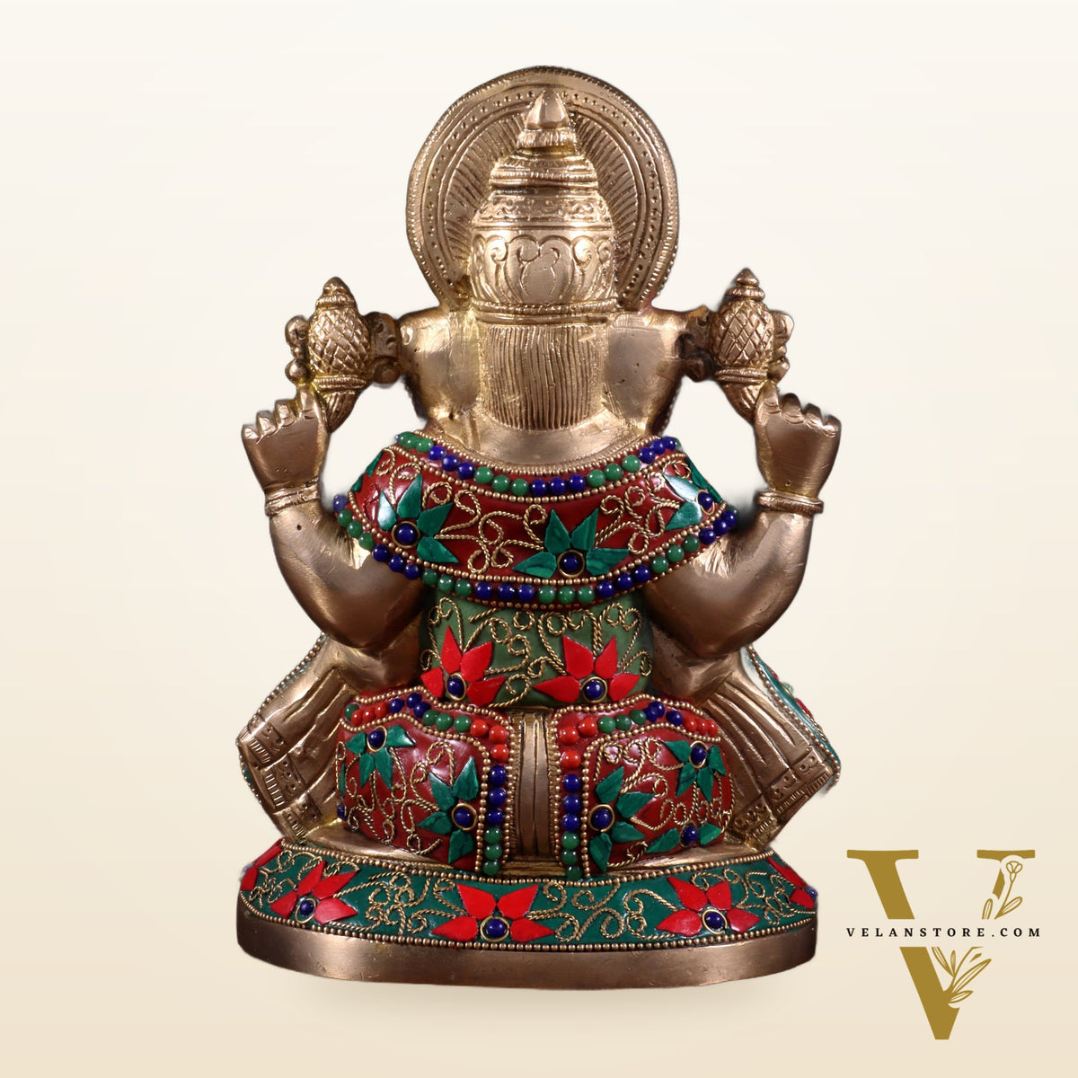 Pure Brass Lord Ganesha Statue – Unique Floral Stonework (8 Inch)