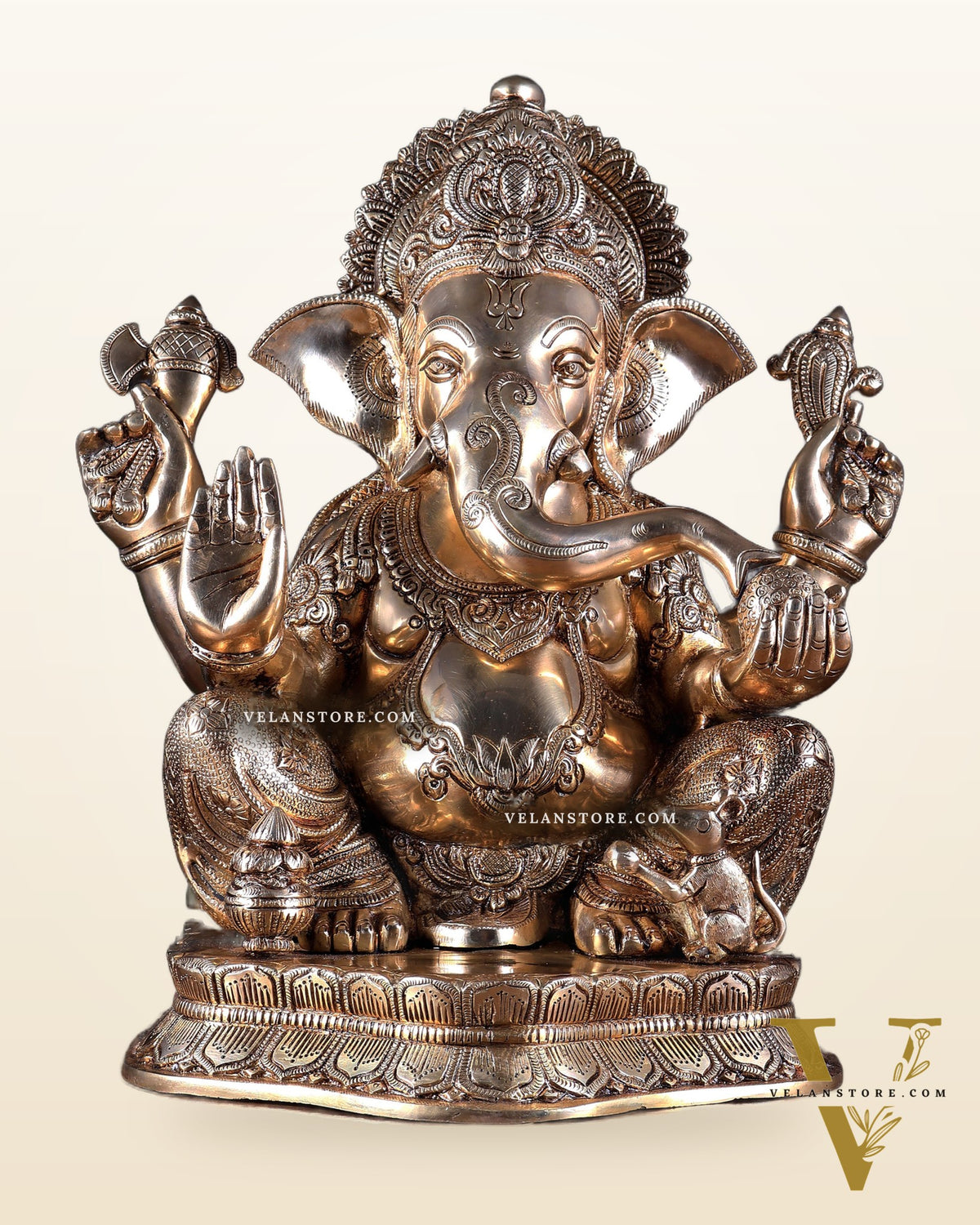 Pure Brass Lord Ganesha Statue with Enhanced Carvings 15.5 inch
