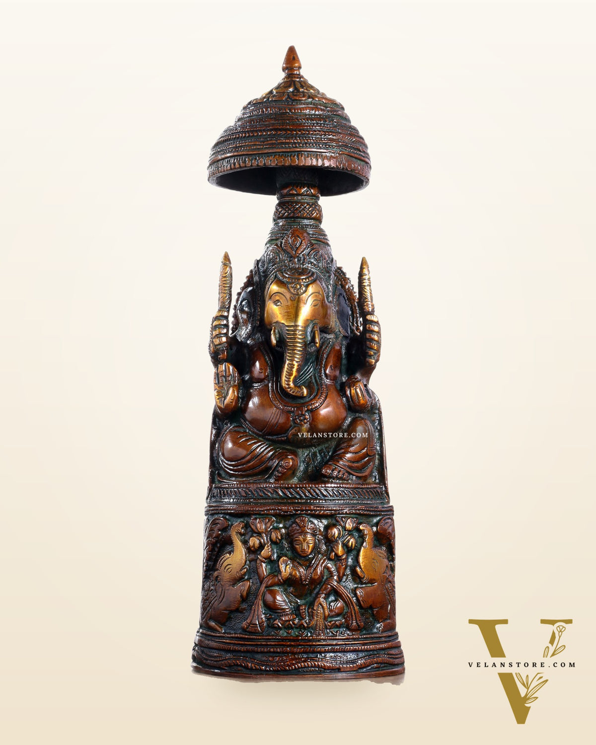 Pure Brass Lord Ganesha Statue with Gajalakshmi Carvings – Copper Tone Finish