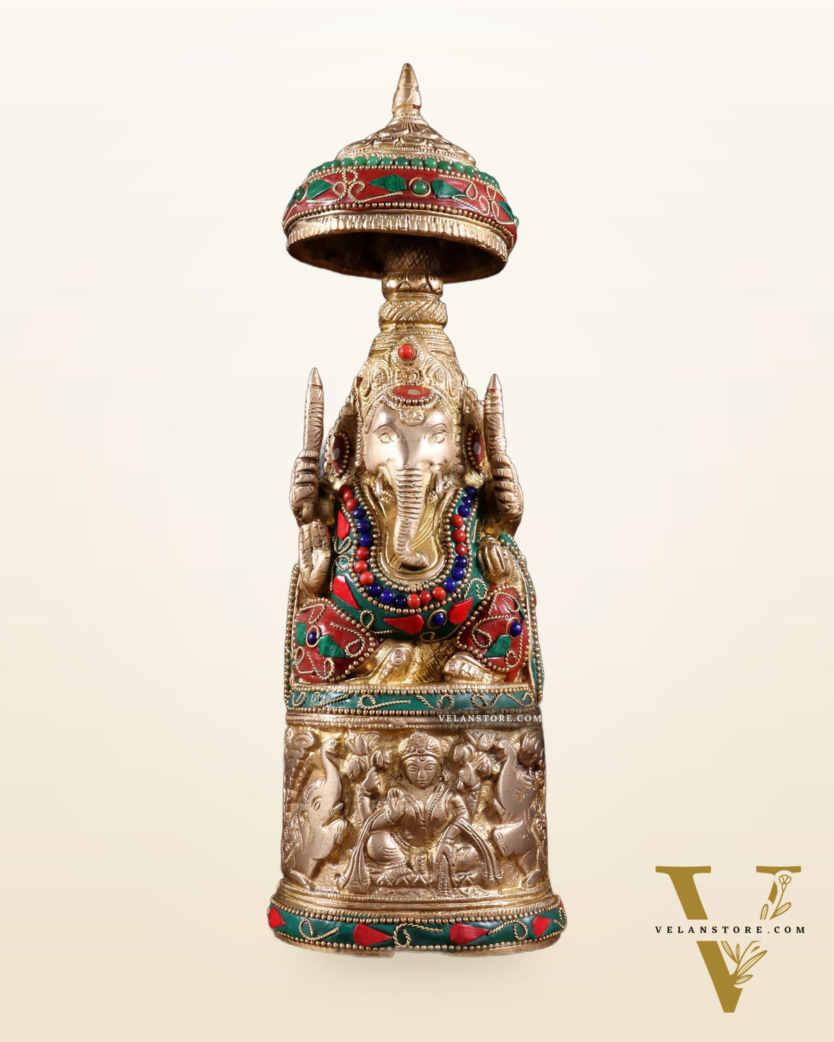 Pure Brass Lord Ganesha Statue with Gajalakshmi Carvings meenakari