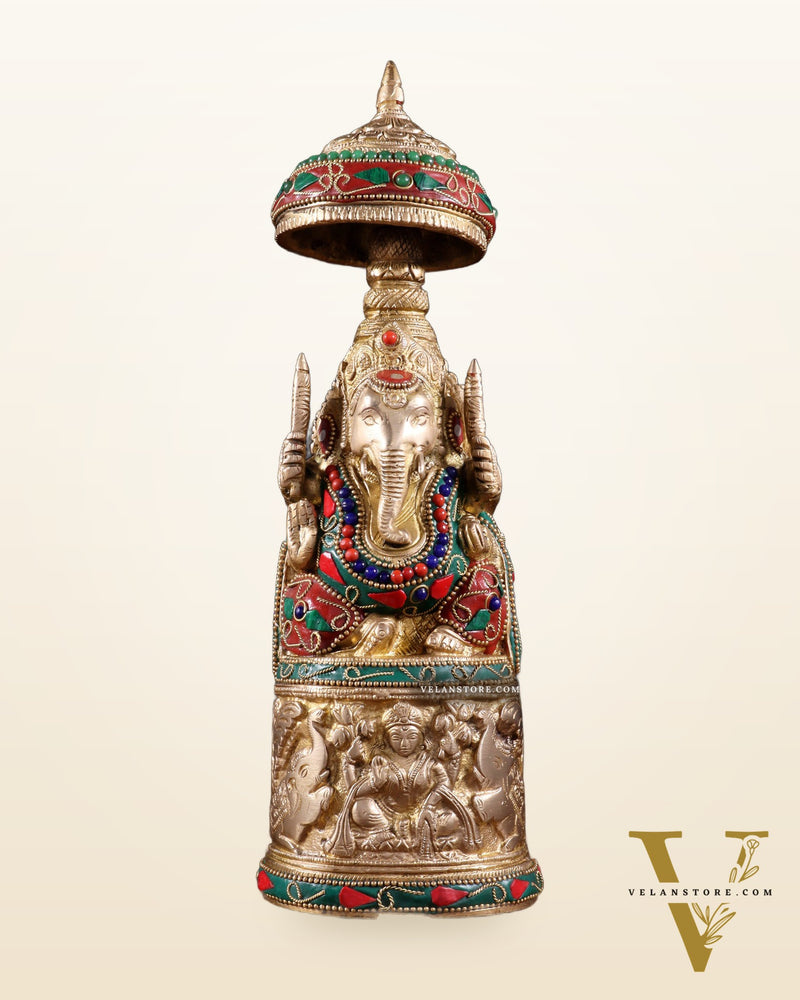 Pure Brass Lord Ganesha Statue with Gajalakshmi Carvings meenakari