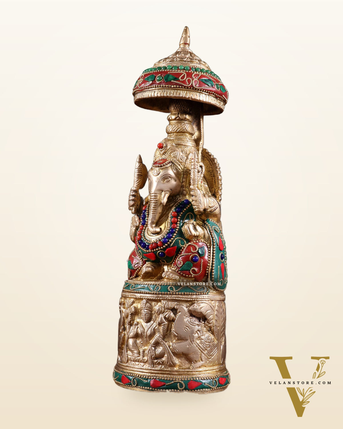 Pure Brass Lord Ganesha Statue with Gajalakshmi Carvings meenakari