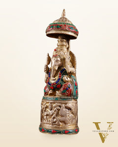 Pure Brass Lord Ganesha Statue with Gajalakshmi Carvings meenakari