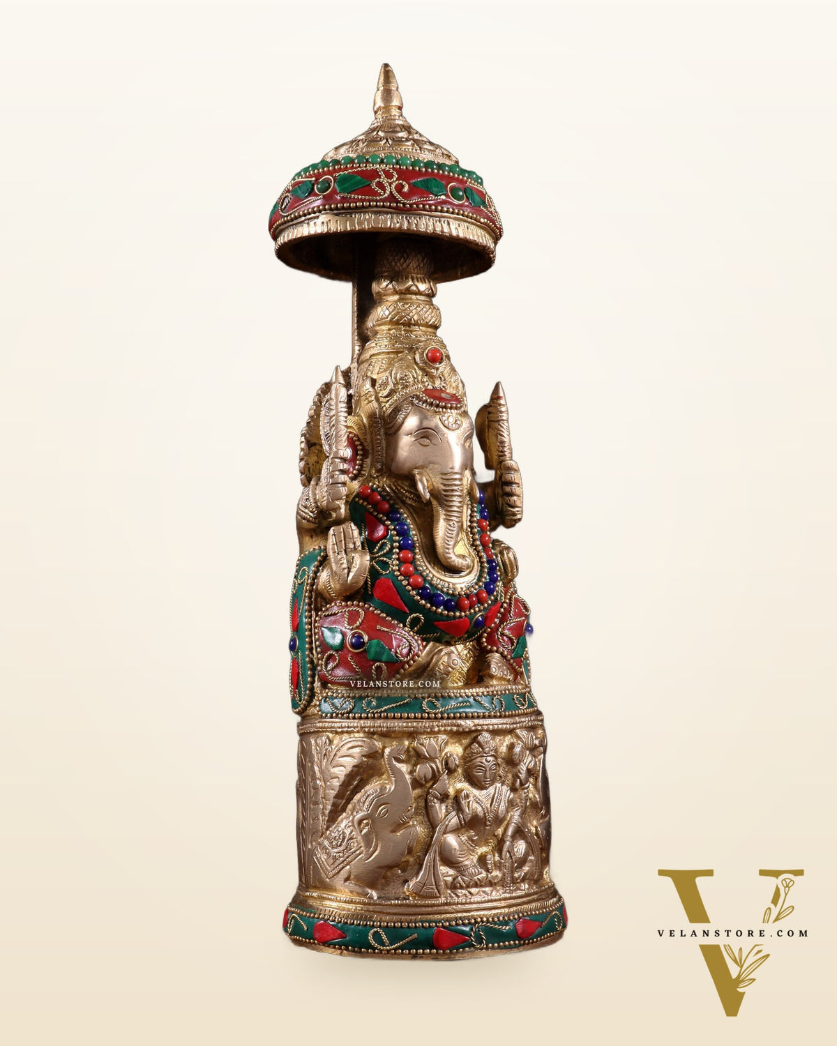 Pure Brass Lord Ganesha Statue with Gajalakshmi Carvings meenakari