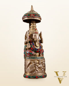 Pure Brass Lord Ganesha Statue with Gajalakshmi Carvings meenakari