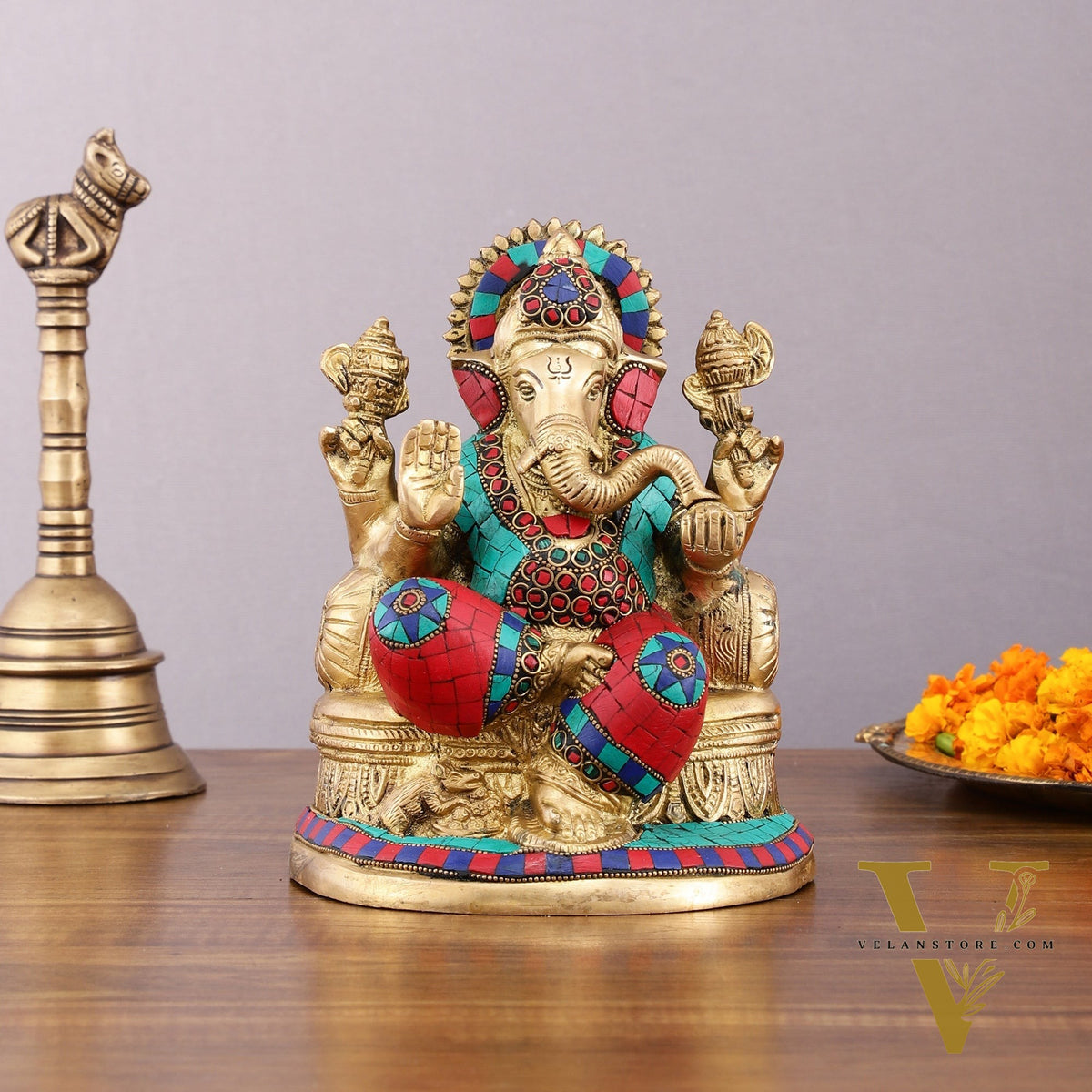 Pure Brass Lord Ganesha Statue with Meenakari – 8 Inch Divine Idol