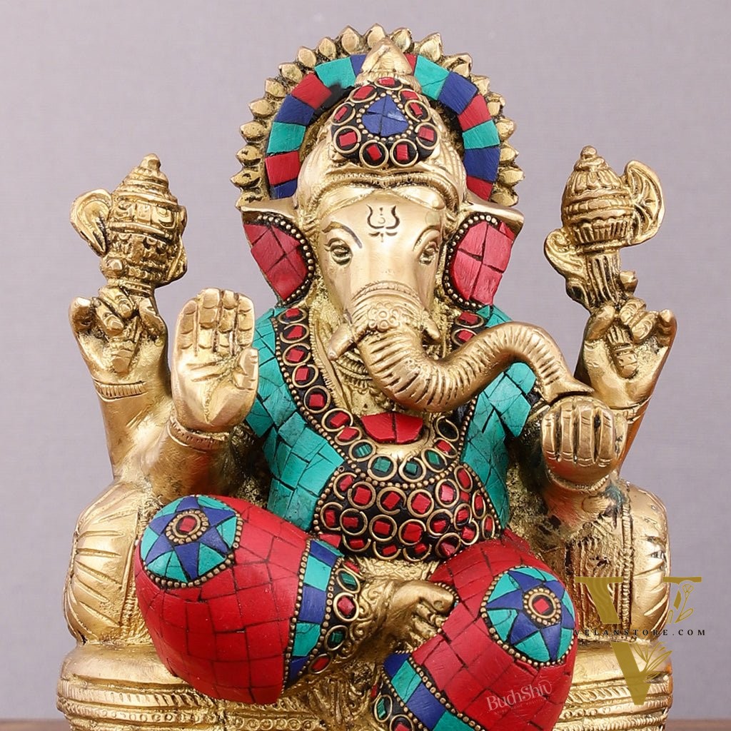 Pure Brass Lord Ganesha Statue with Meenakari – 8 Inch Divine Idol