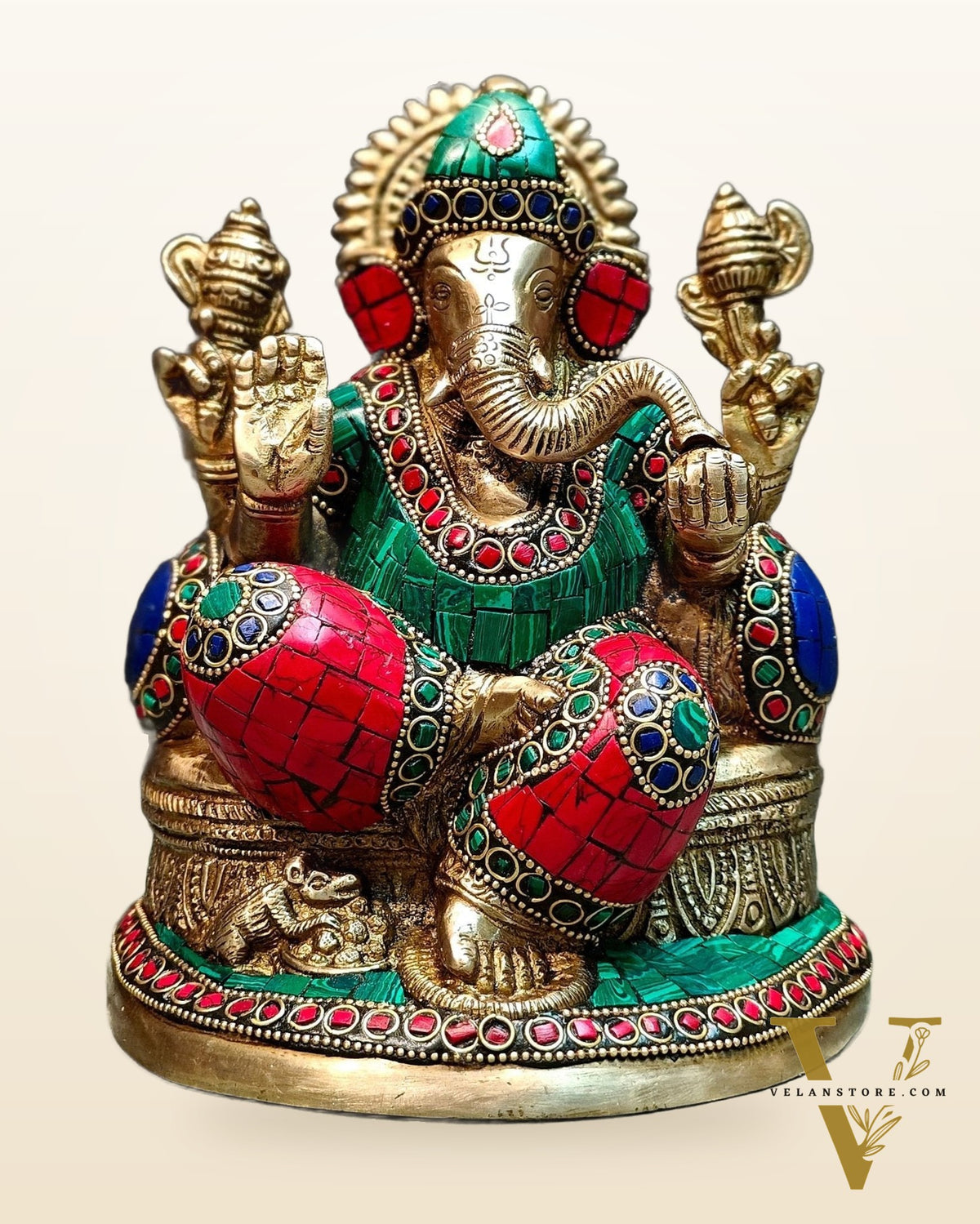Pure Brass Lord Ganesha Statue with Meenakari 8 inch