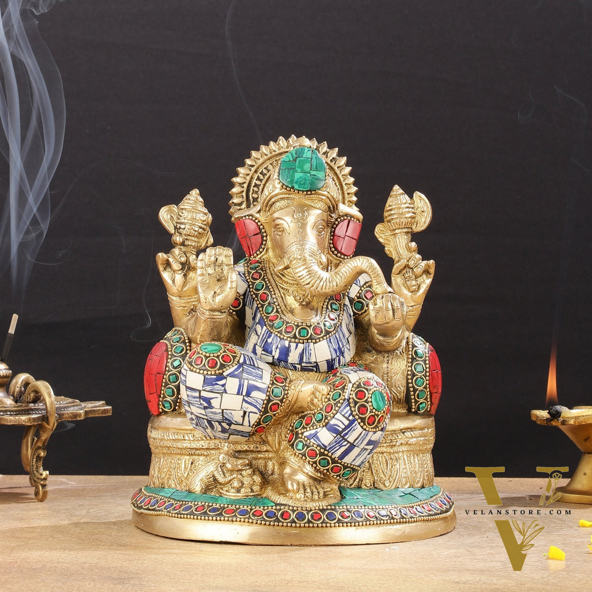 Pure Brass Lord Ganesha Statue with Mosaic work 8 inch