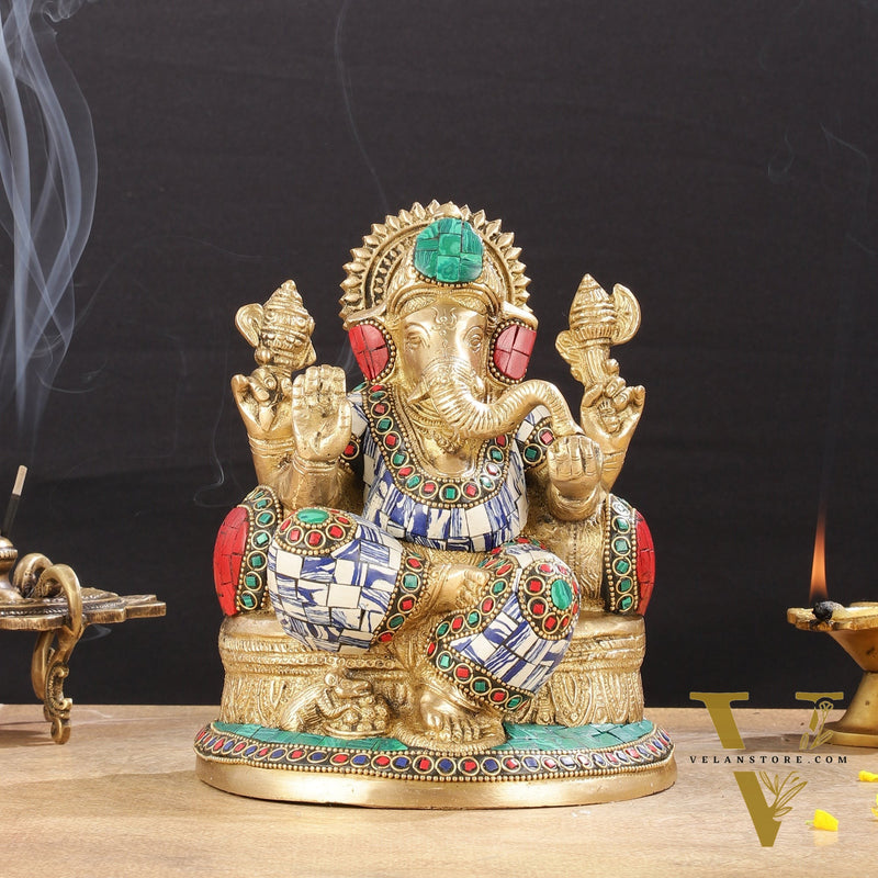 Pure Brass Lord Ganesha Statue with Mosaic work 8 inch