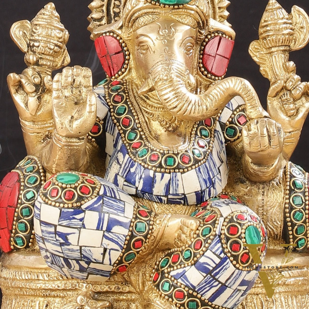 Pure Brass Lord Ganesha Statue with Mosaic work 8 inch