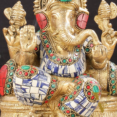 Pure Brass Lord Ganesha Statue with Mosaic work 8 inch