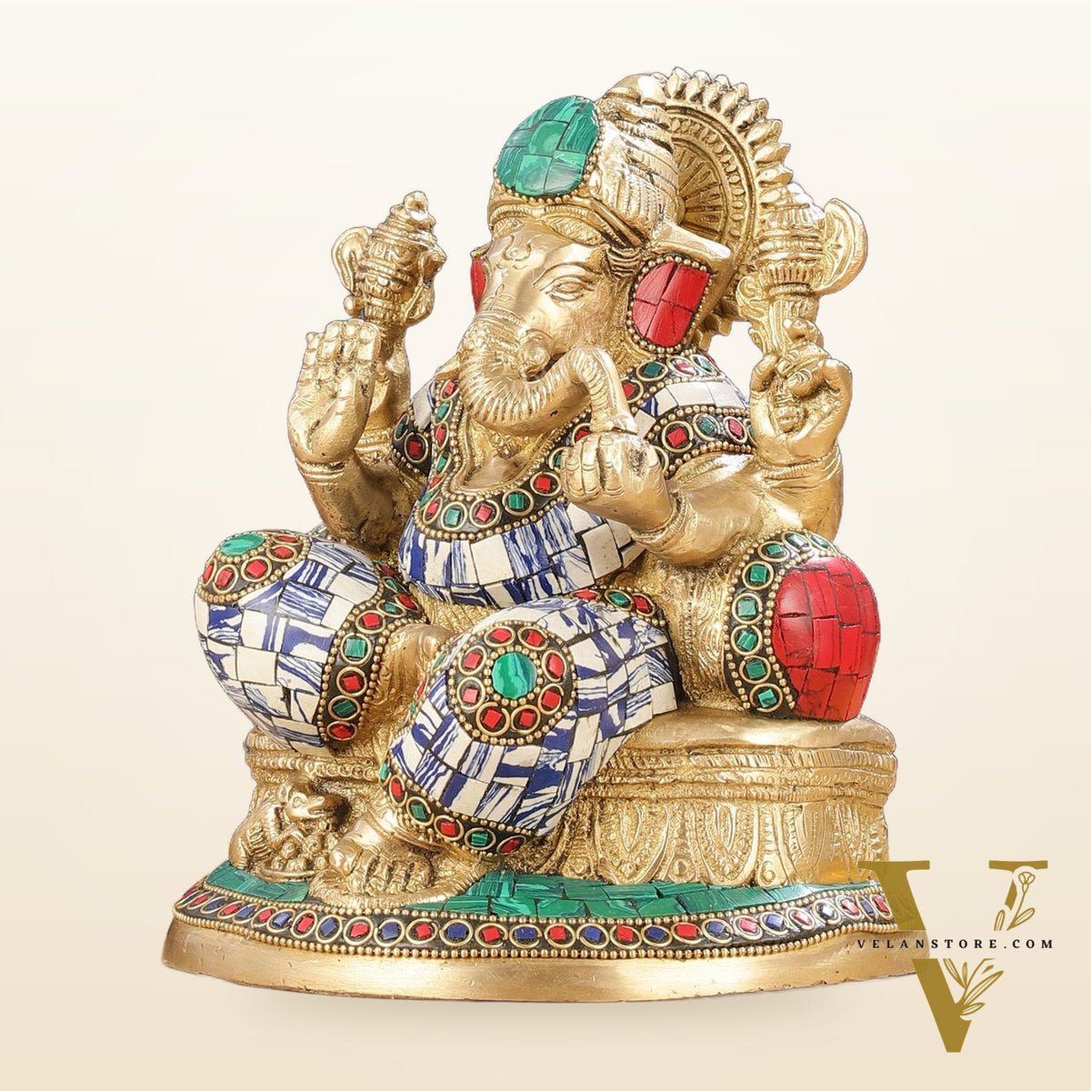 Pure Brass Lord Ganesha Statue with Mosaic work 8 inch