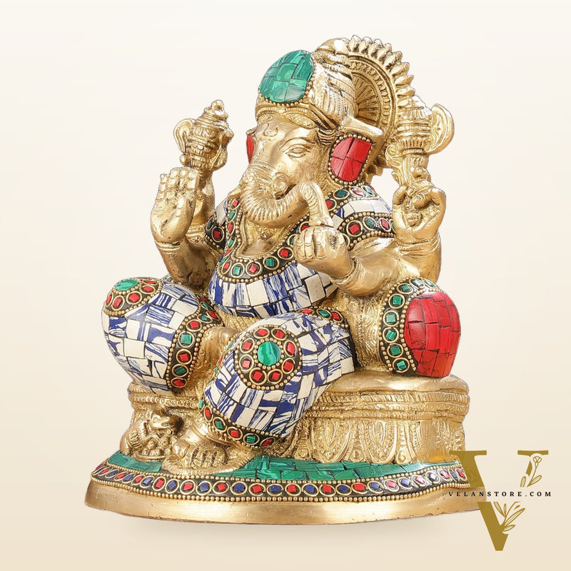 Pure Brass Lord Ganesha Statue with Mosaic work 8 inch