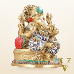 Pure Brass Lord Ganesha Statue with Mosaic work 8 inch