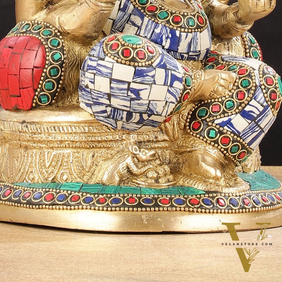 Pure Brass Lord Ganesha Statue with Mosaic work 8 inch