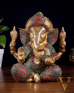 Pure Brass Lord Ganesha Statue with Rings & Stonework – 7.5 Inch