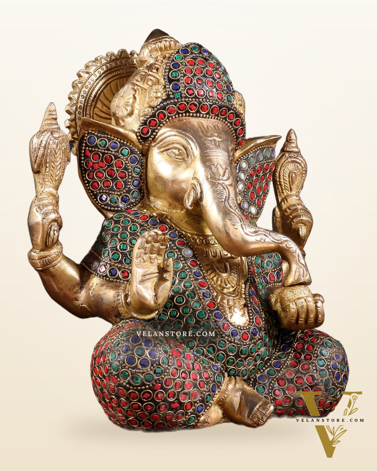 Pure Brass Lord Ganesha Statue with Rings & Stonework – 7.5 Inch