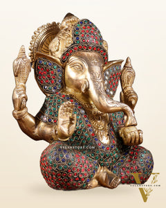Pure Brass Lord Ganesha Statue with Rings & Stonework – 7.5 Inch