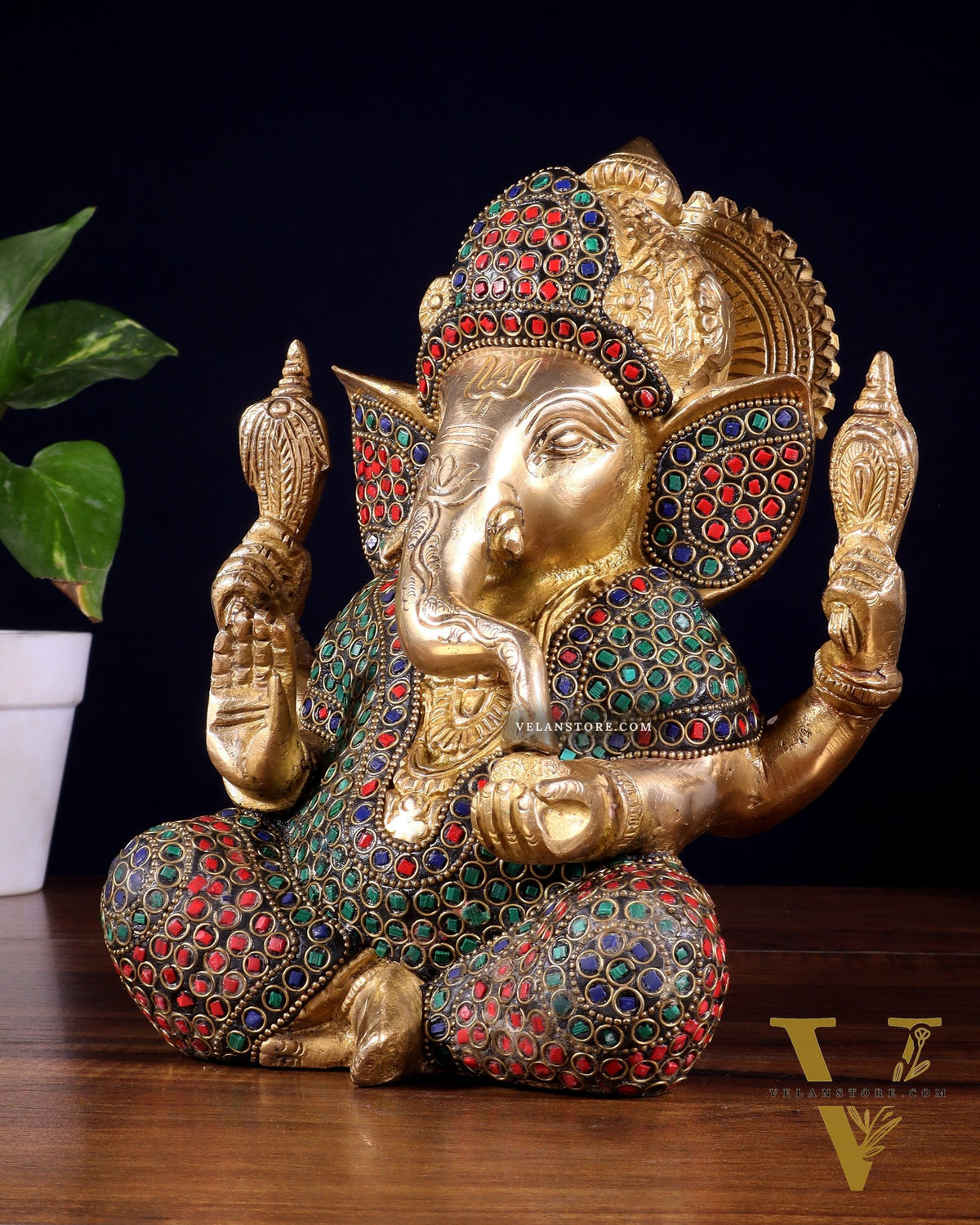 Pure Brass Lord Ganesha Statue with Rings & Stonework – 7.5 Inch