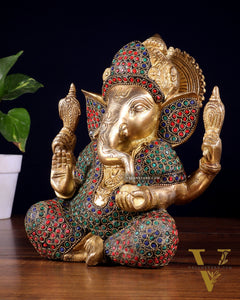 Pure Brass Lord Ganesha Statue with Rings & Stonework – 7.5 Inch