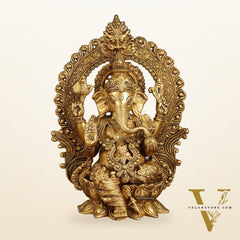 Pure Brass Lord Ganesha with Kirtimukha Prabhavali Aura | 15.5 Inch