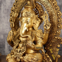 Pure Brass Lord Ganesha with Kirtimukha Prabhavali Aura | 15.5 Inch
