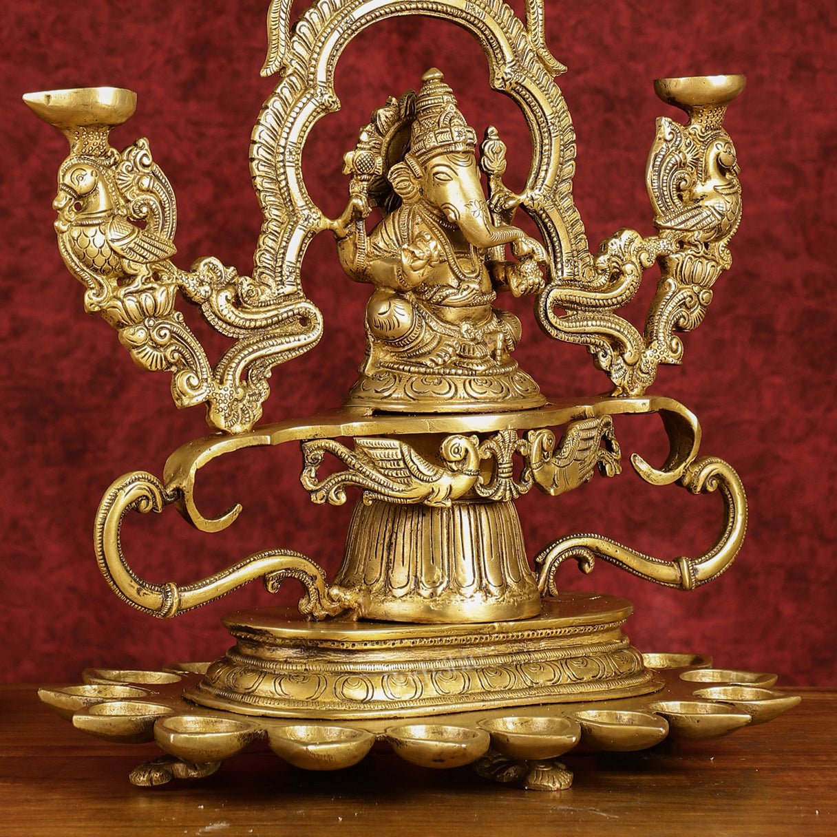 Pure Brass Lord Ganesha with multiple diyas oil lamps large