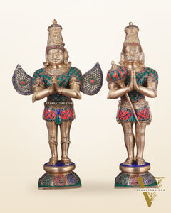 Pure Brass Lord Hanuman and Garuda Statue pair 22" meenakari