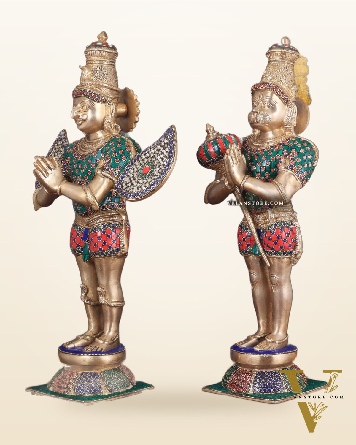 Pure Brass Lord Hanuman and Garuda Statue pair 22" meenakari