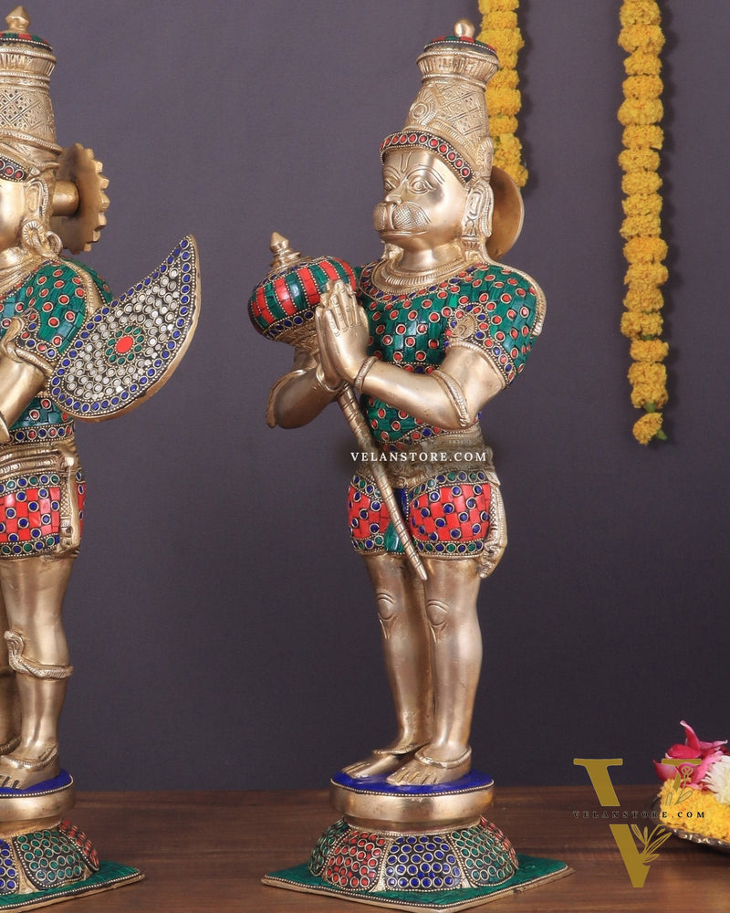Pure Brass Lord Hanuman and Garuda Statue pair 22" meenakari