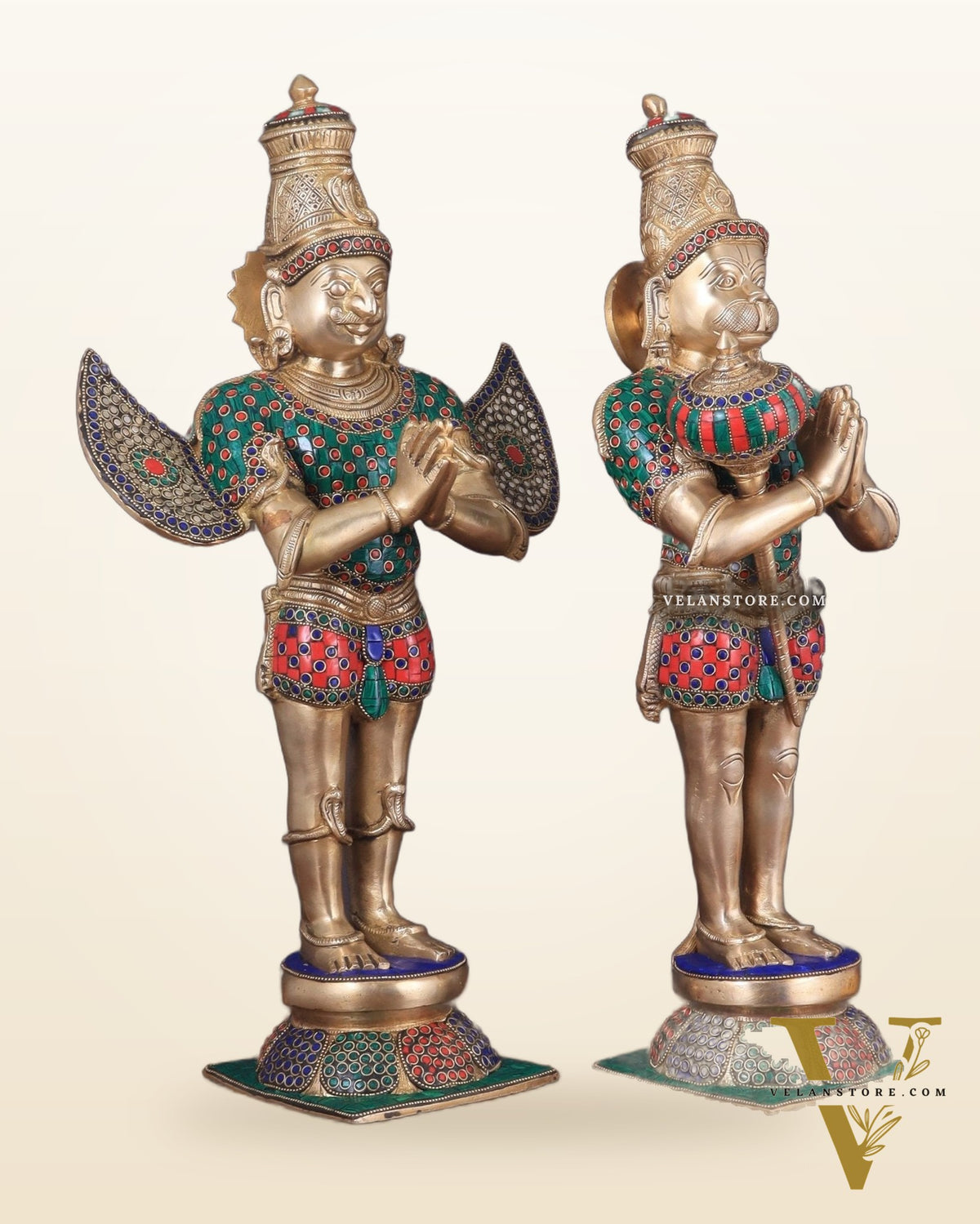 Pure Brass Lord Hanuman and Garuda Statue pair 22" meenakari